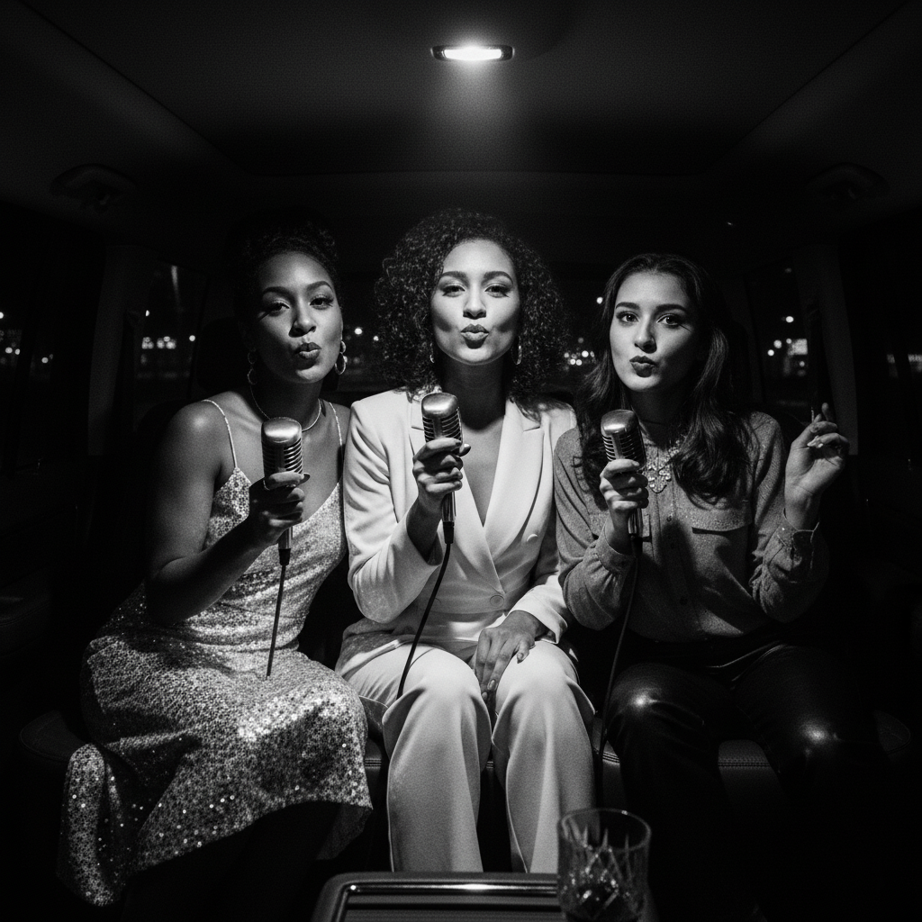 Three women enjoying karaoke in a car